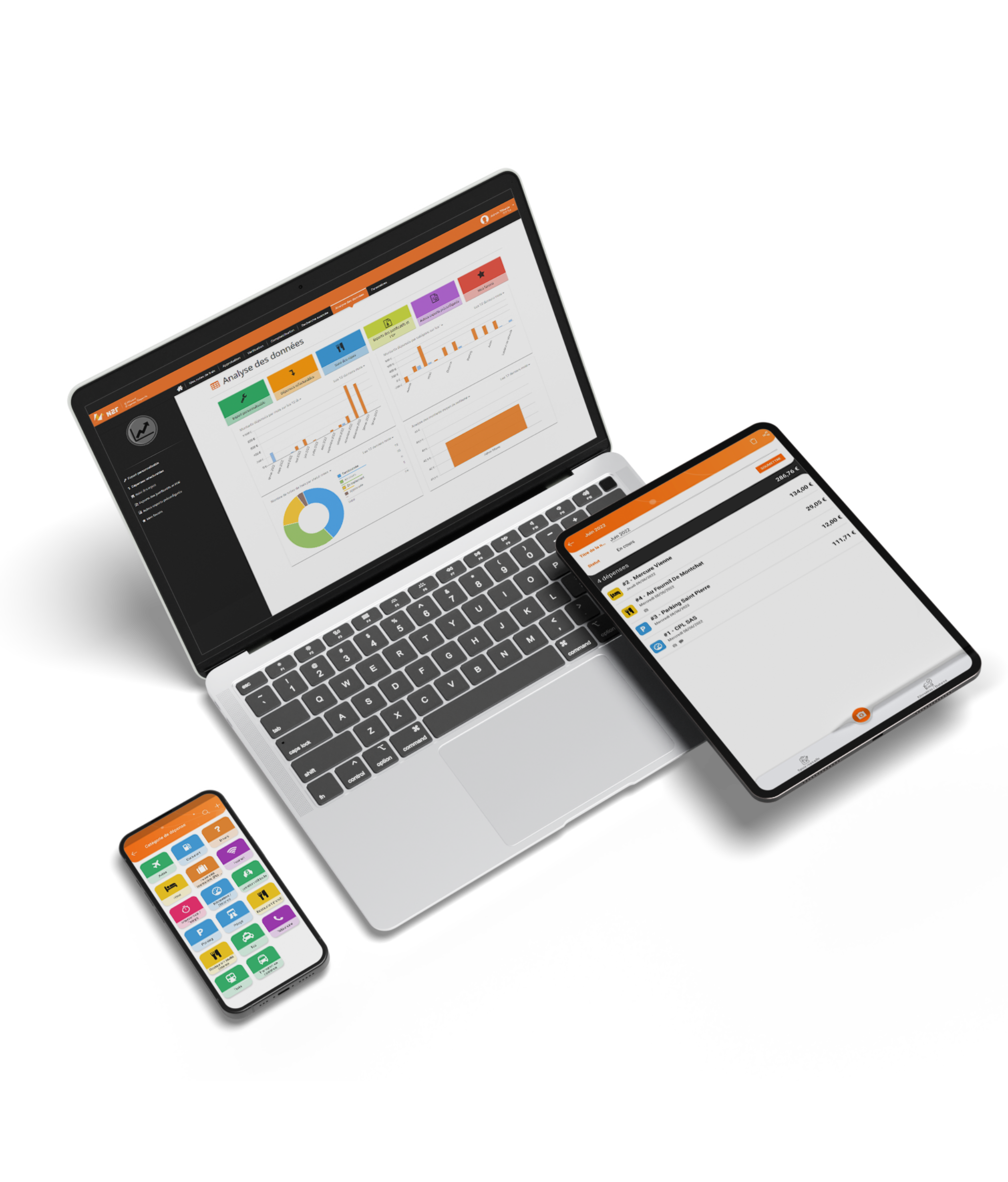 Triptyque écrans N2F sur téléphone, ordinateur et tablette