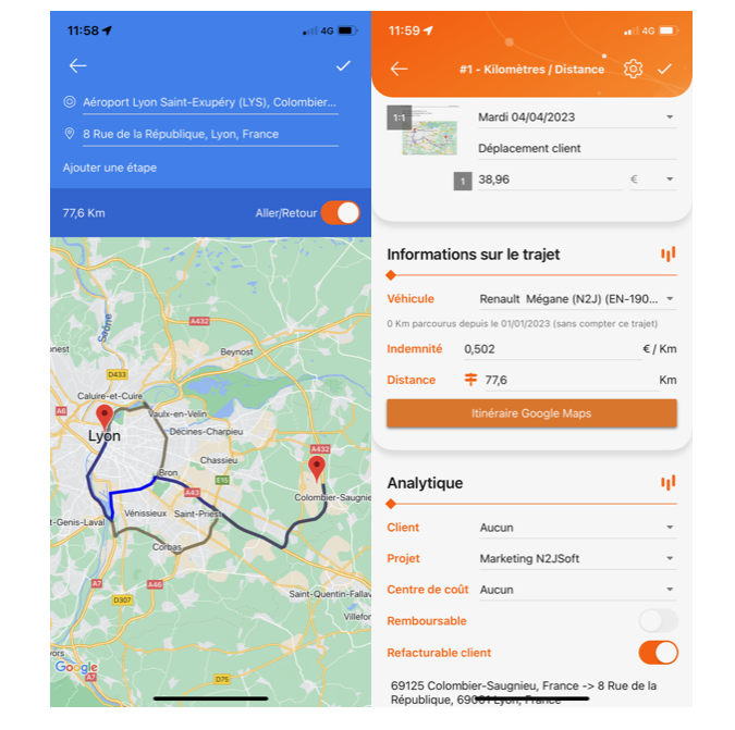 N2F calcule automatiquement le coût du déplacement professionnel grâce à sa connexion au module Maps